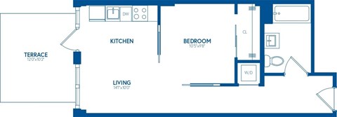 Floor plan for 1 bed, 1 bath, 501 sqft